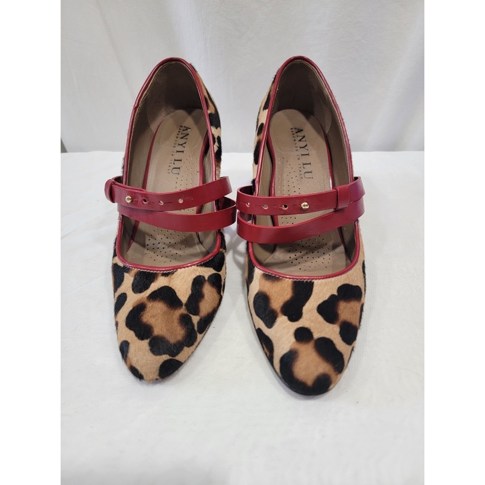 Anyi Lu Women's Mary Jane Pumps Leopard Red EU 36.5 Calf Hair Leather Italy